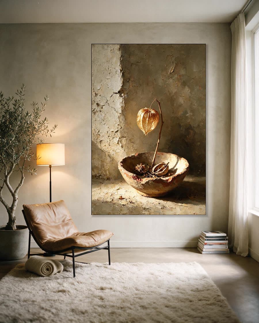 Lampion in een kom in een aluminium frame aan dezelfde muur