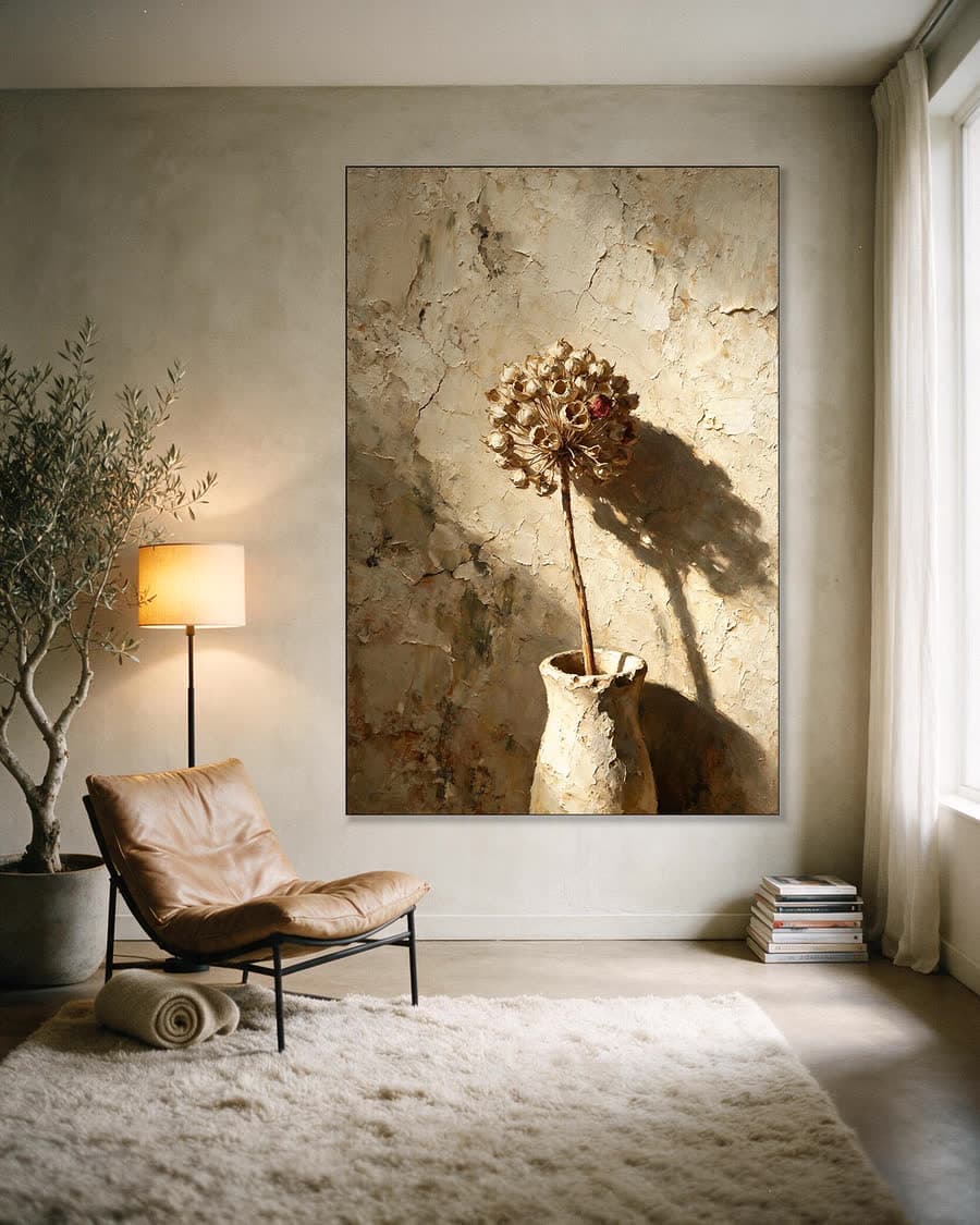Alliumbol in een vaas in een aluminium frame aan dezelfde muur