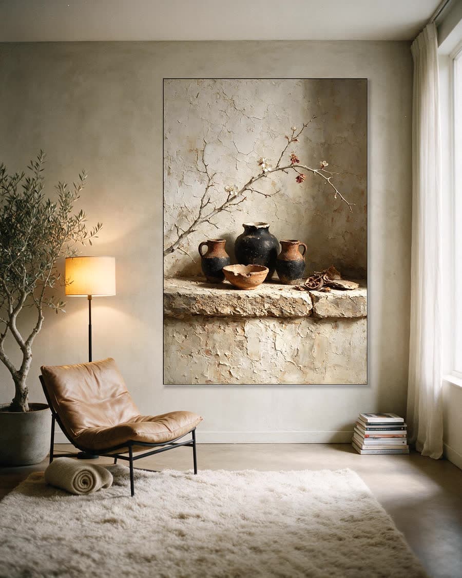 Bloesem over drie kruiken in een aluminium frame aan dezelfde muur