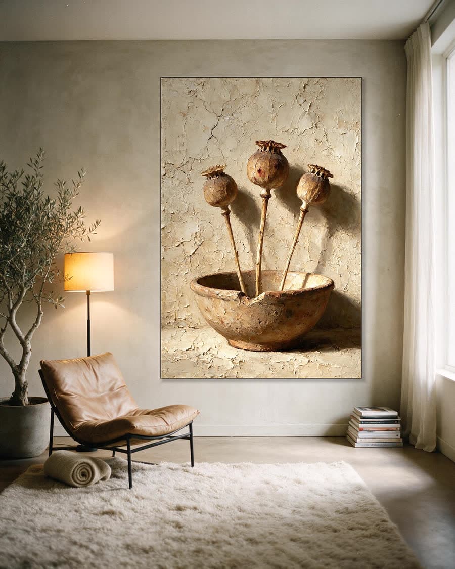 Drie papaverbollen in een aluminium frame aan dezelfde muur