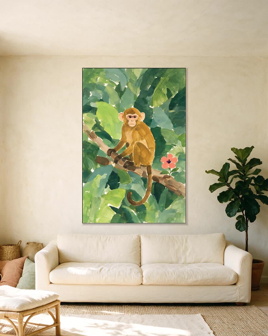 Aapje op een tak in een aluminium frame aan dezelfde muur
