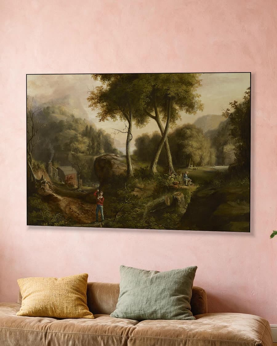 Landelijk tafereel in de vallei in een aluminium frame aan dezelfde muur