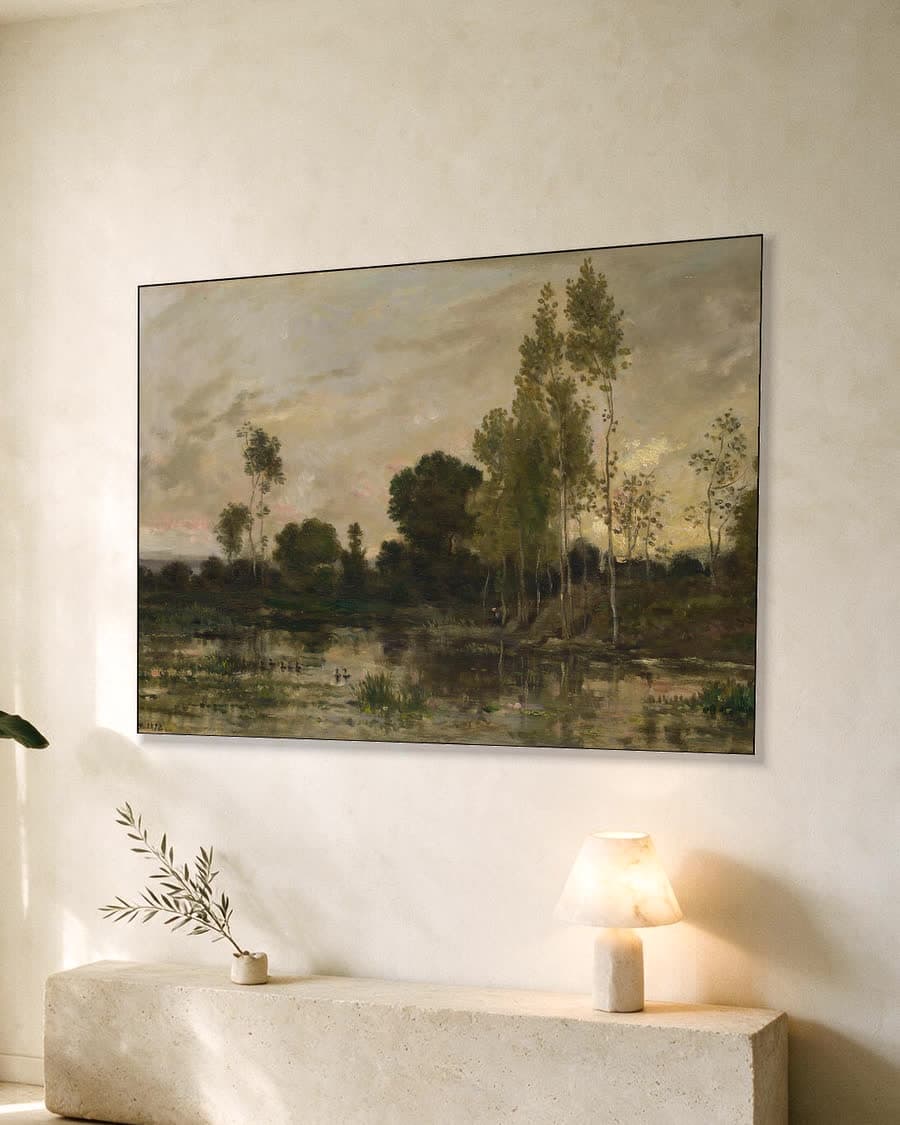Avond aan het moeras in een aluminium frame aan dezelfde muur