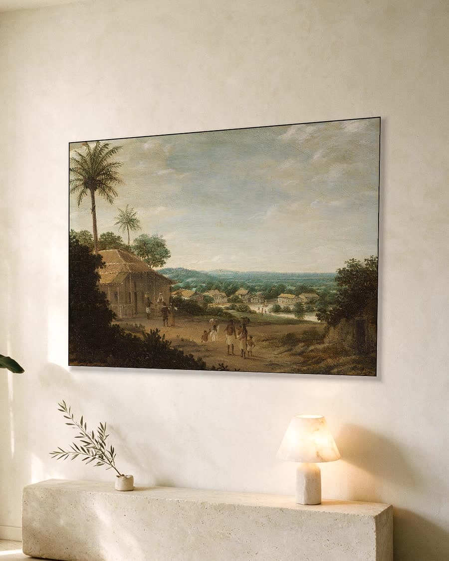 Tropisch dorpsleven in een aluminium frame aan dezelfde muur