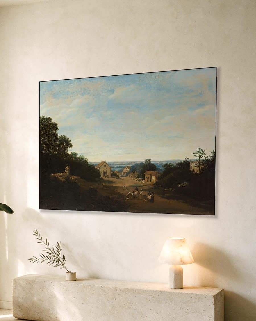Dorpsgezicht met verre horizon in een aluminium frame aan dezelfde muur