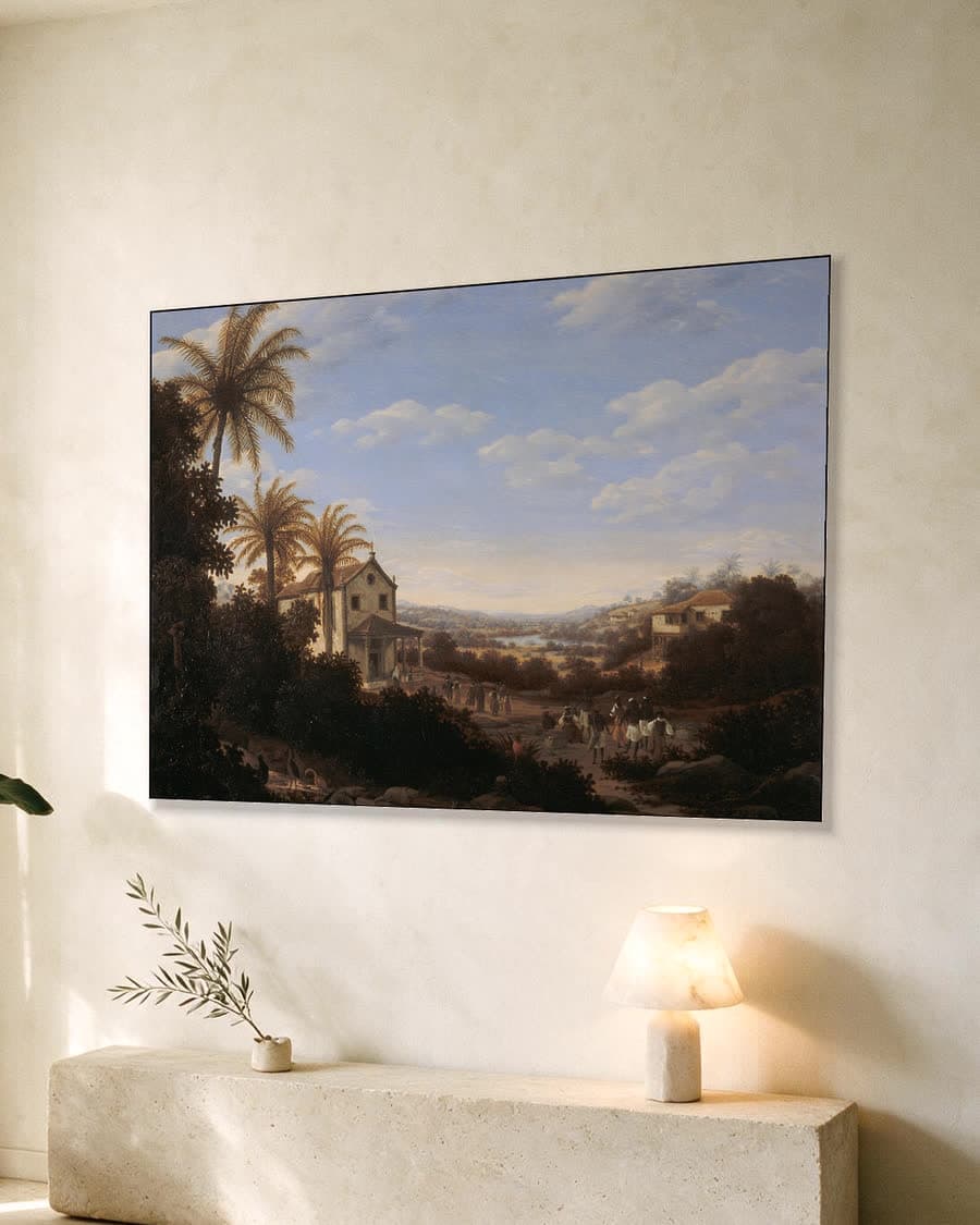 Tropisch dorpsgezicht met palmbomen in een aluminium frame aan dezelfde muur