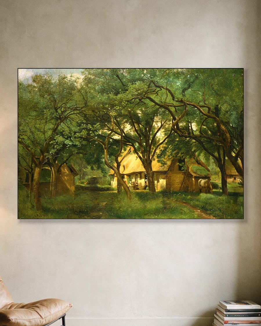 Landelijk tafereel onder de bomen in een aluminium frame aan dezelfde muur