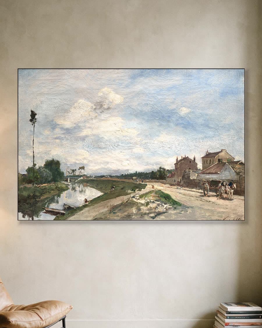 Dorpsgezicht aan het water in een aluminium frame aan dezelfde muur