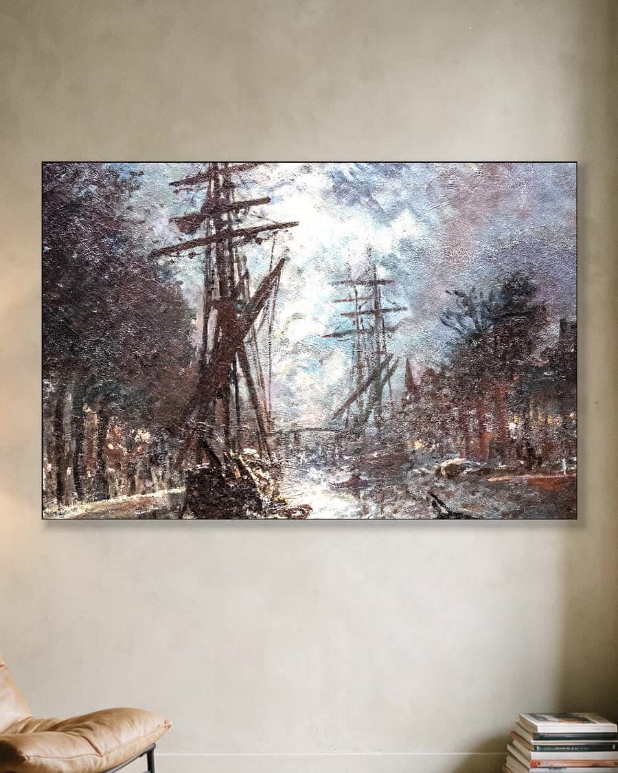 Maanlicht boven de gracht in een aluminium frame aan dezelfde muur