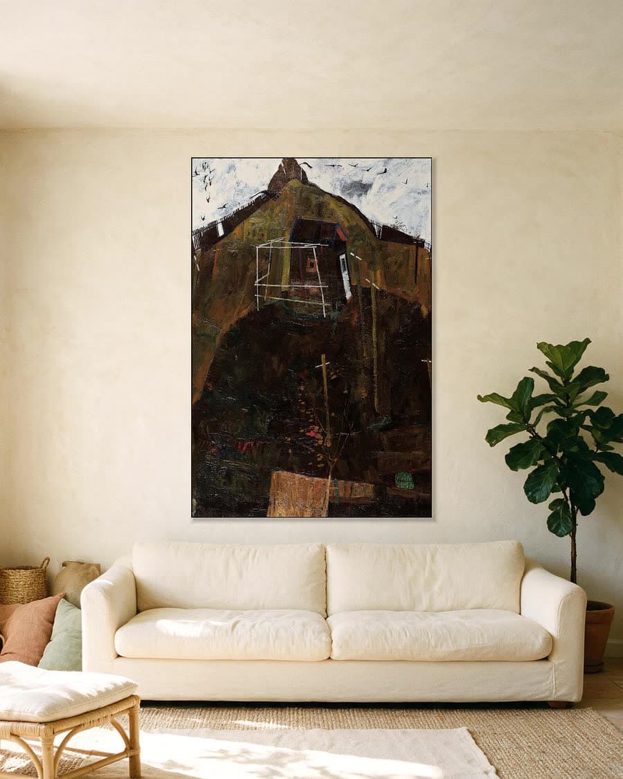 Landschap met raaf in een aluminium frame aan dezelfde muur