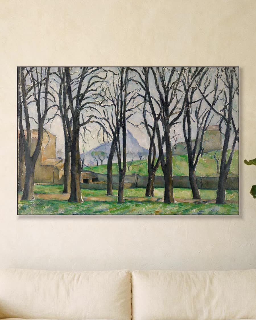 De kastanjebomen van Jas de Bouffan in de winter in een aluminium frame aan dezelfde muur