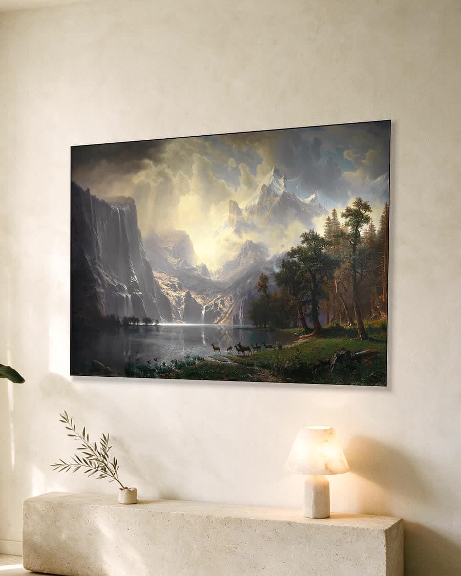 Among the Sierra Nevada, California (1868) in een aluminium frame aan dezelfde muur