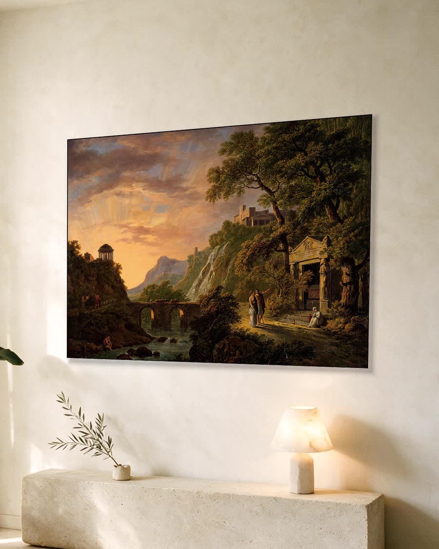 Arcadisch landschap met ondergaande zon in een aluminium frame aan dezelfde muur