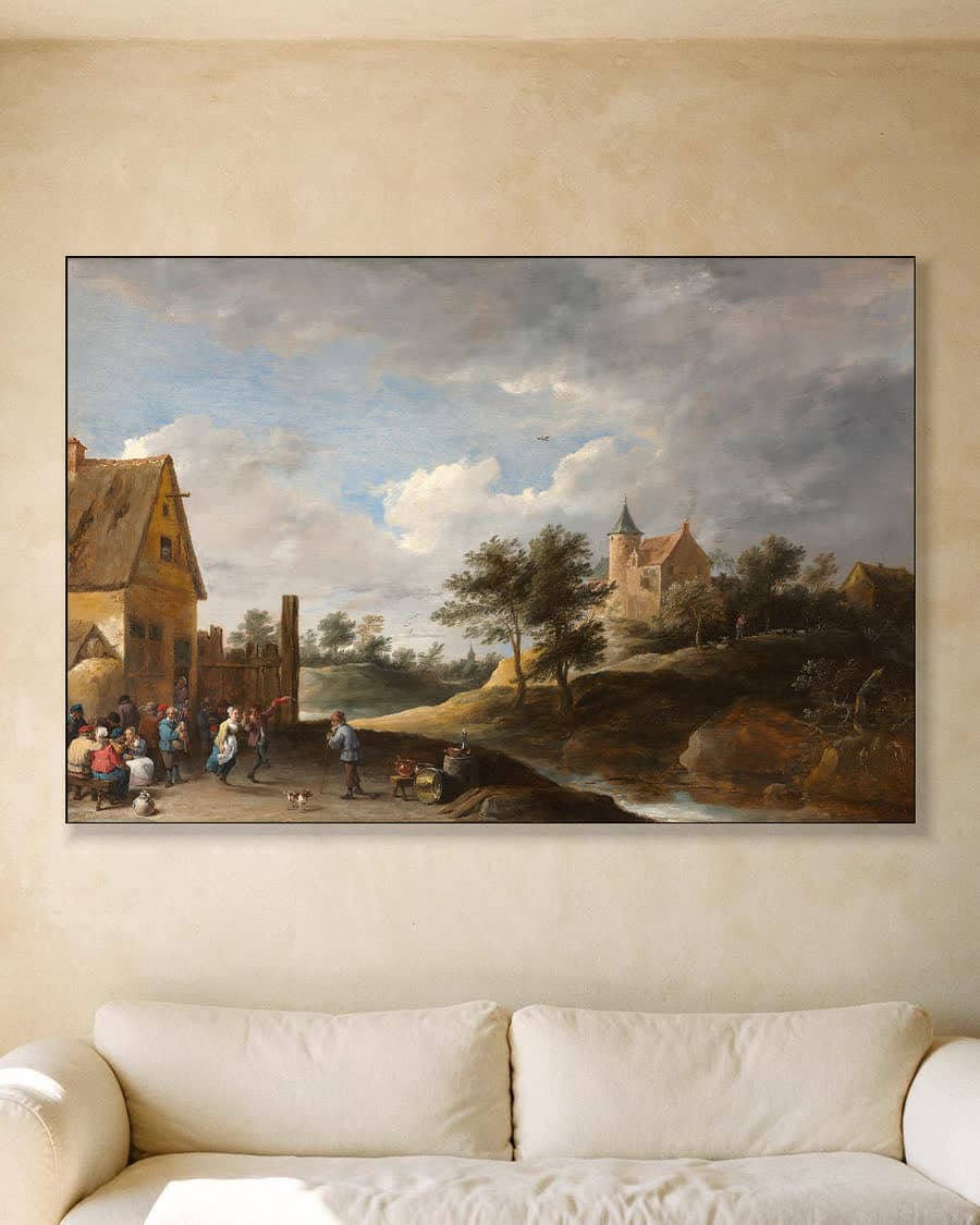 Landschap met dansende boeren in een aluminium frame aan dezelfde muur