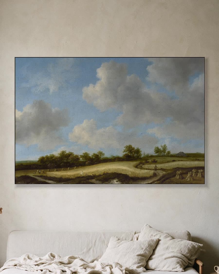 Landschap met een Korenveld in een aluminium frame aan dezelfde muur