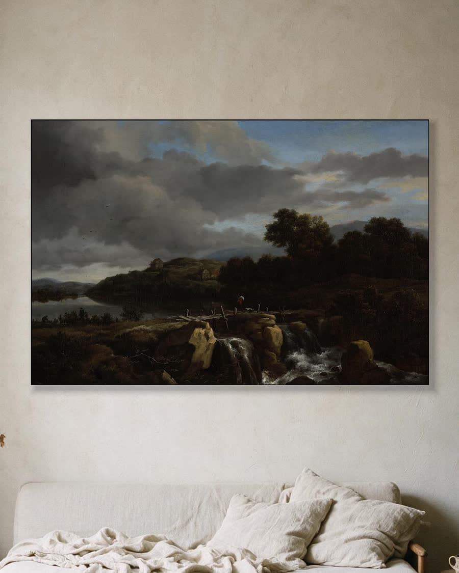 Landschap met waterval in een aluminium frame aan dezelfde muur