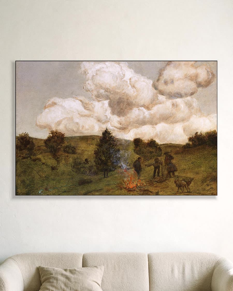 Landschap met herders en kampvuur in een aluminium frame aan dezelfde muur