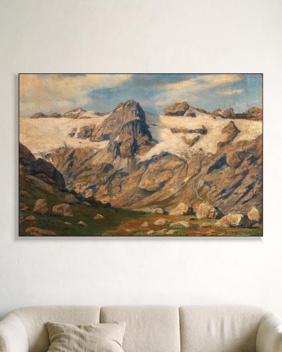 Besneeuwde bergtoppen in de Alpen in een aluminium frame aan dezelfde muur