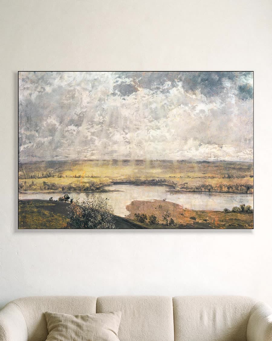 Rivierlandschap onder bewolkte hemel in een aluminium frame aan dezelfde muur