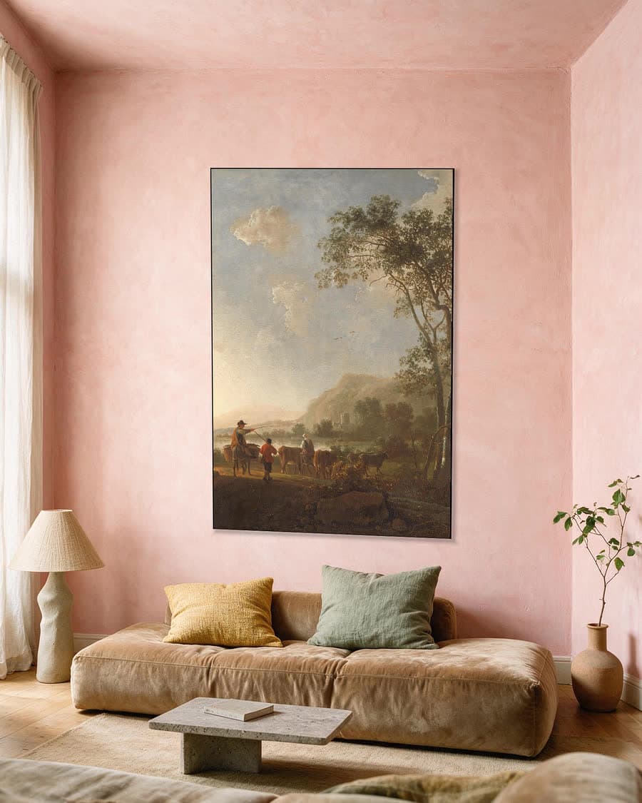 Landschap met herders en vee in een aluminium frame aan dezelfde muur