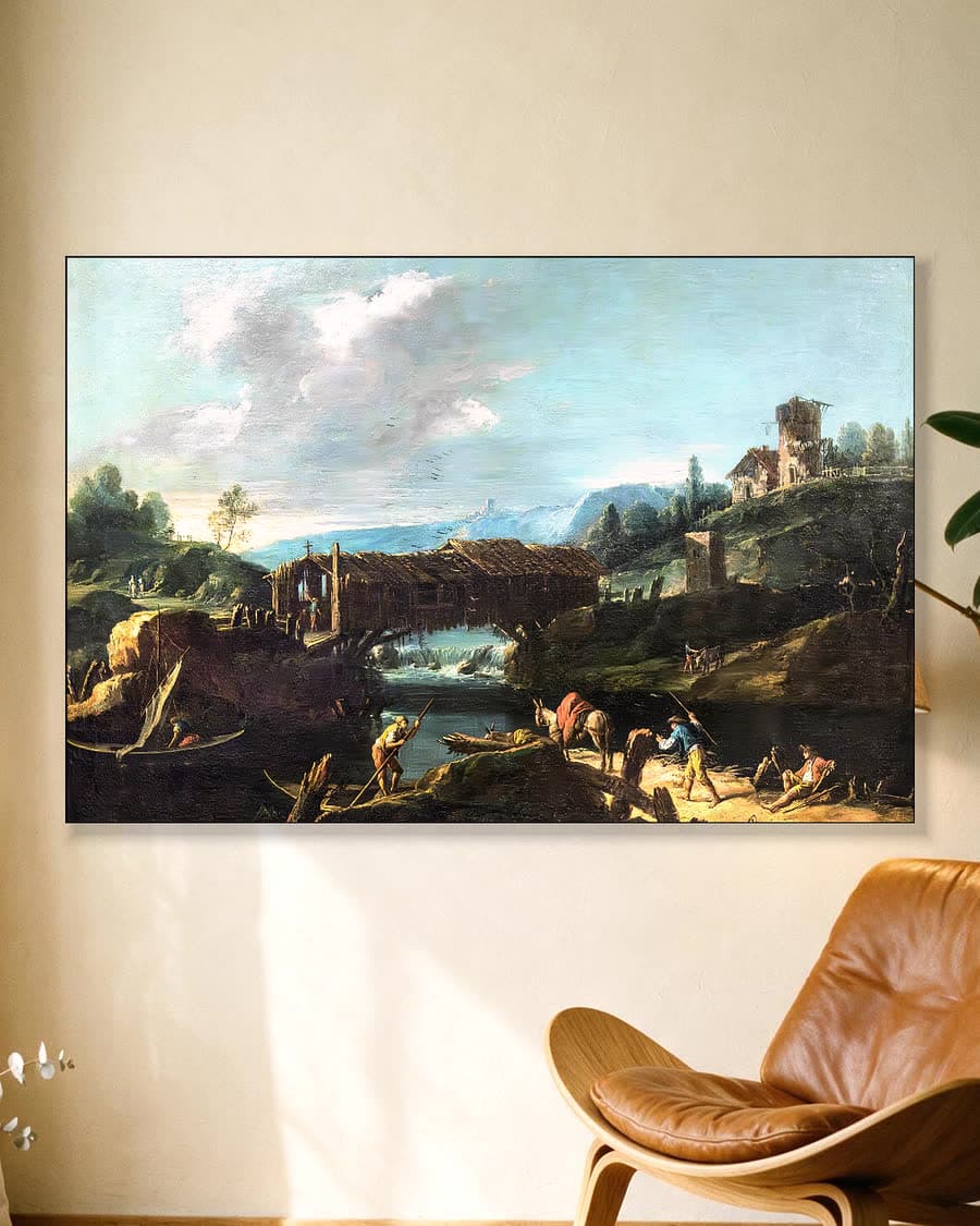 Landschap met houten brug in een aluminium frame aan dezelfde muur