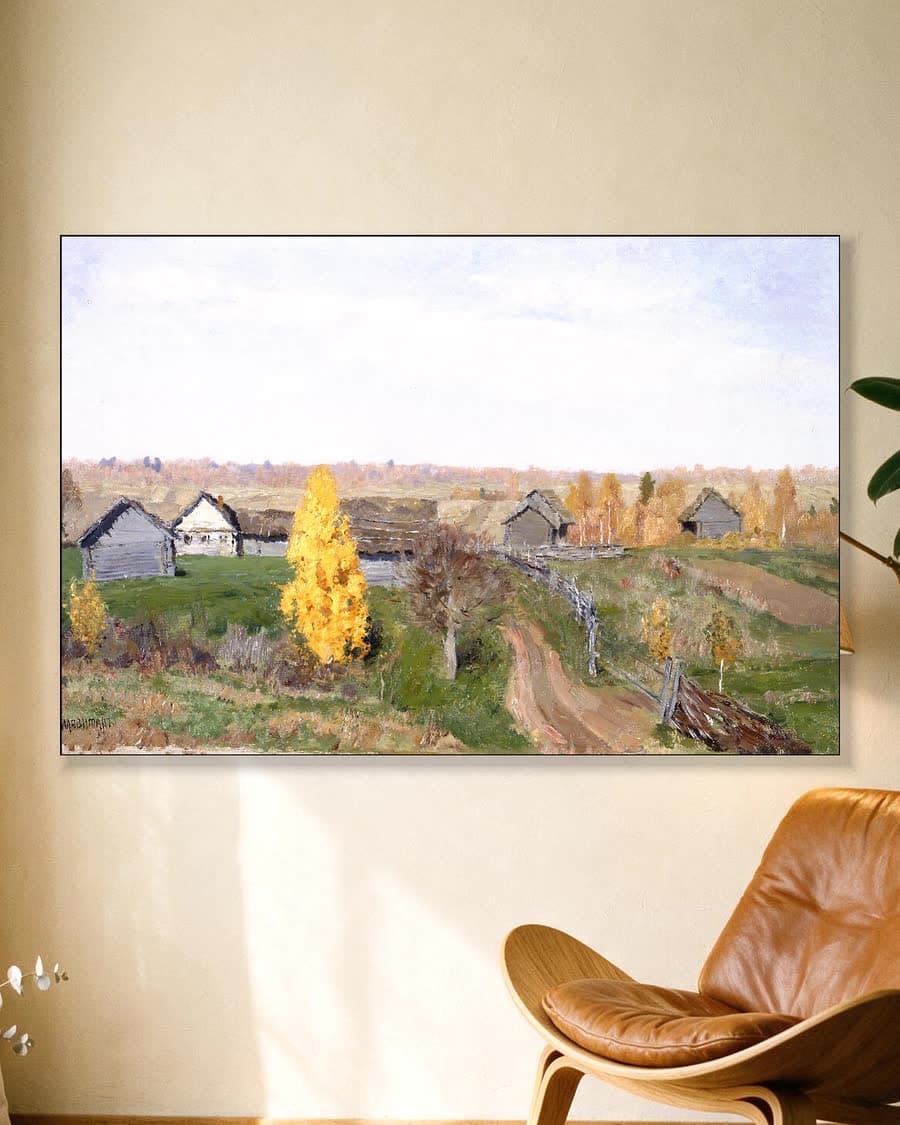 Herfst in het dorp in een aluminium frame aan dezelfde muur