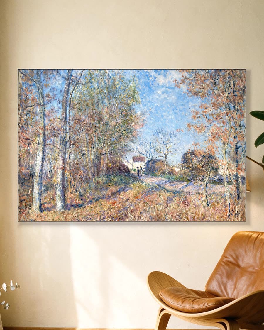 Een bospartij bij Les Sablons in een aluminium frame aan dezelfde muur