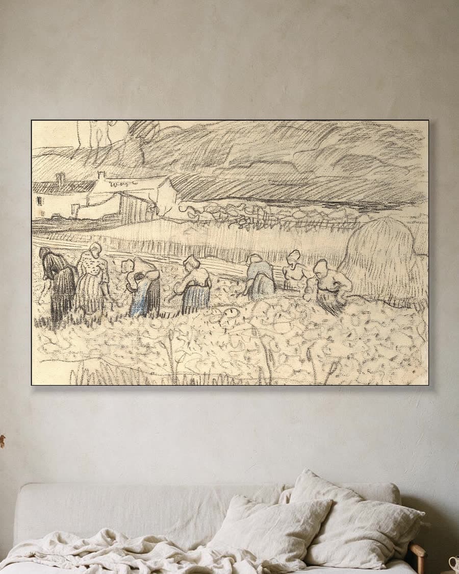 Landschap met oogstende boerinnen in een aluminium frame aan dezelfde muur
