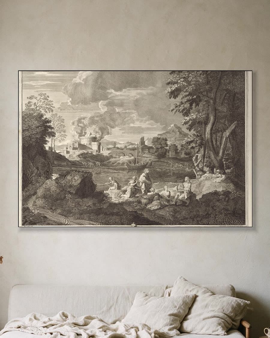 Landschap met Orpheus en Eurydice in een aluminium frame aan dezelfde muur