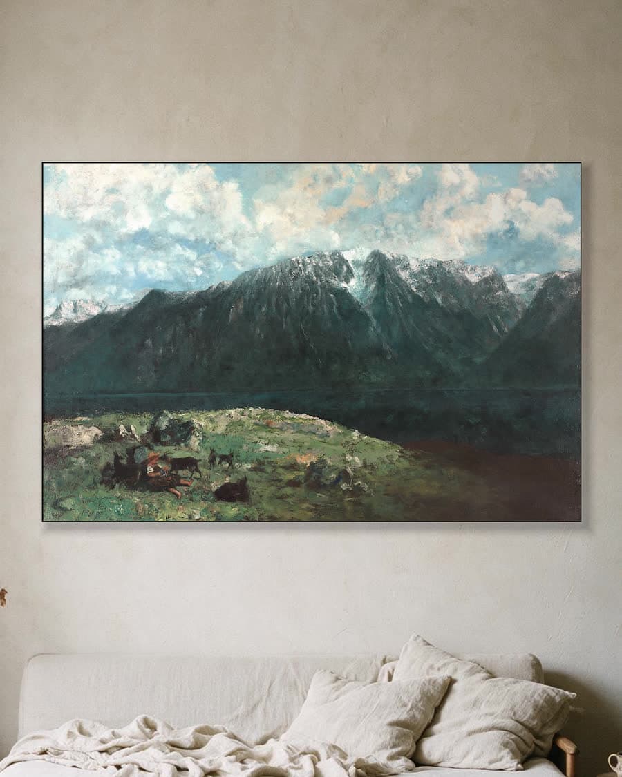 Panoramisch gezicht op de Alpen, Les Dents du Midi in een aluminium frame aan dezelfde muur