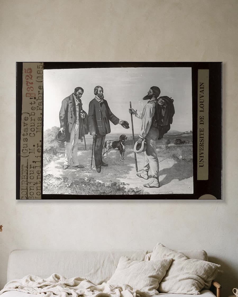 Bonjour meneer Courbet in een aluminium frame aan dezelfde muur