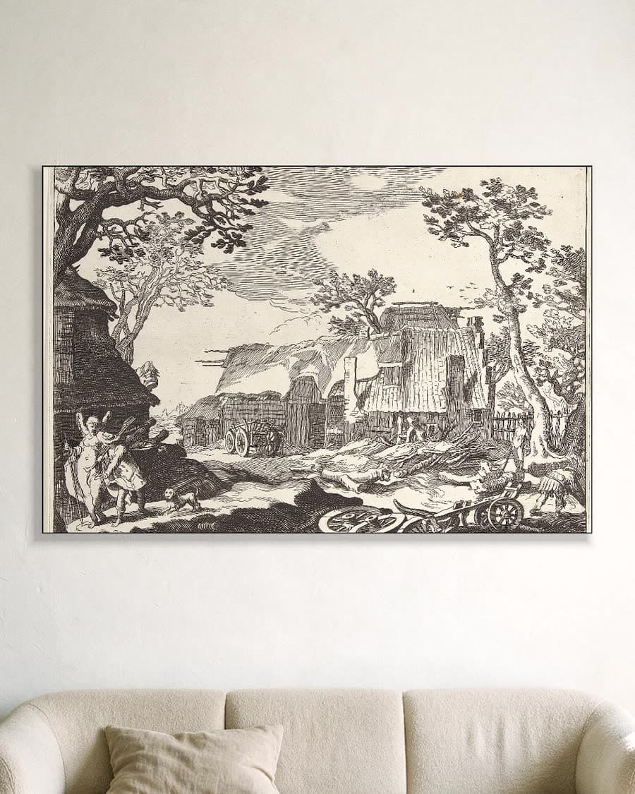 Landschap met Tobias en de engel in een aluminium frame aan dezelfde muur