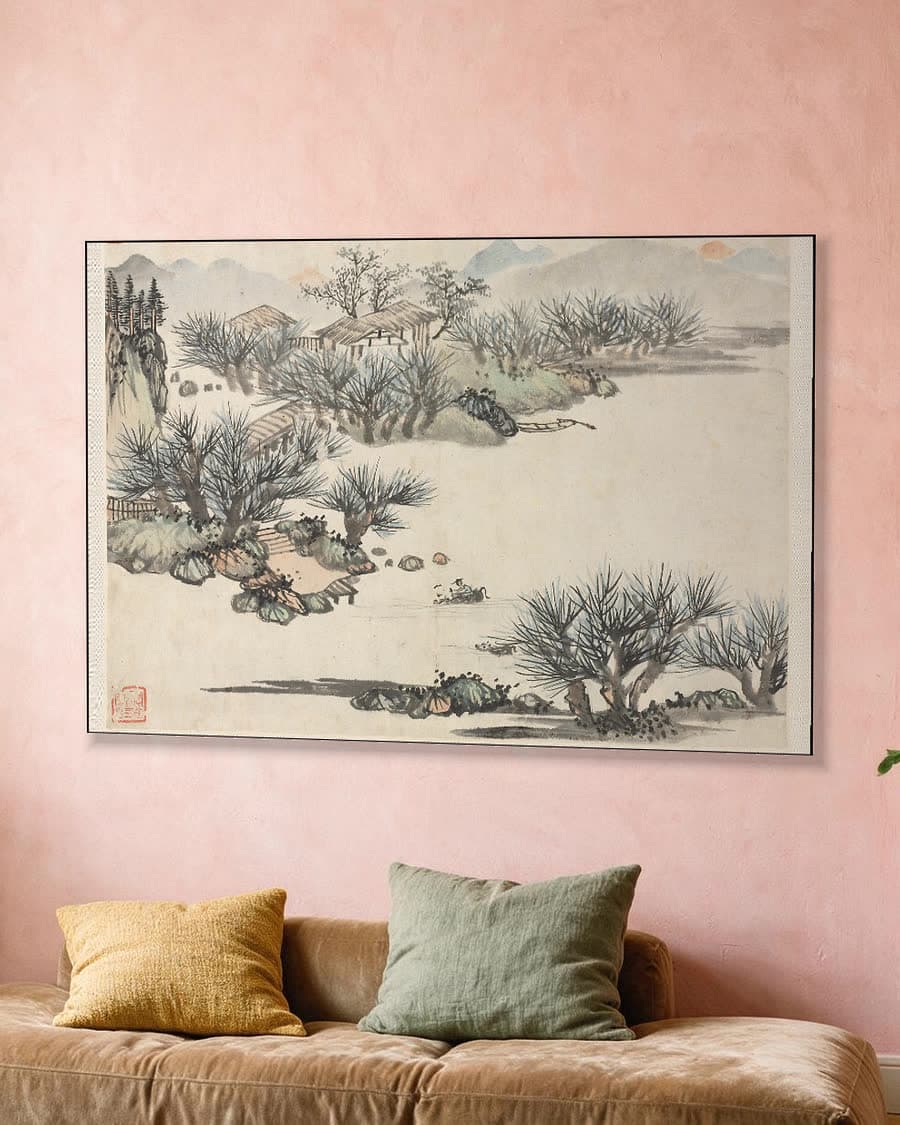 Landschapsalbum in verschillende stijlen, voorjaarsploegen in een aluminium frame aan dezelfde muur
