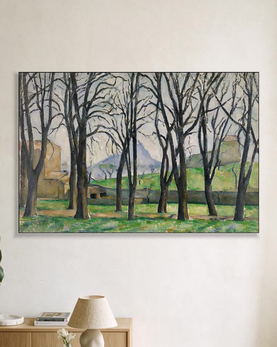 De kastanjebomen van Jas de Bouffan in de winter in een aluminium frame aan dezelfde muur