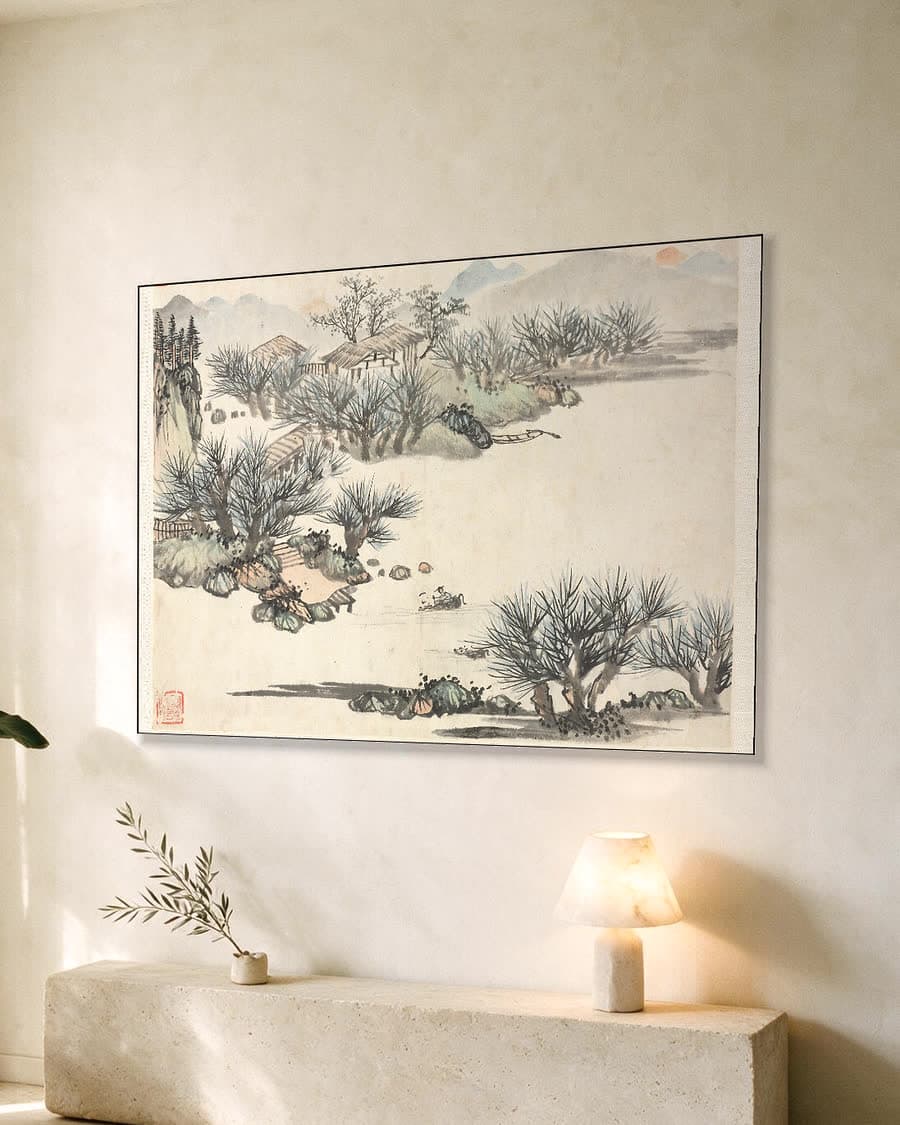 Landschapsalbum in verschillende stijlen, voorjaarsploegen in een aluminium frame aan dezelfde muur