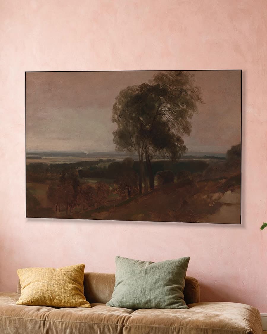 Landschapsstudie bij zonsondergang in een aluminium frame aan dezelfde muur