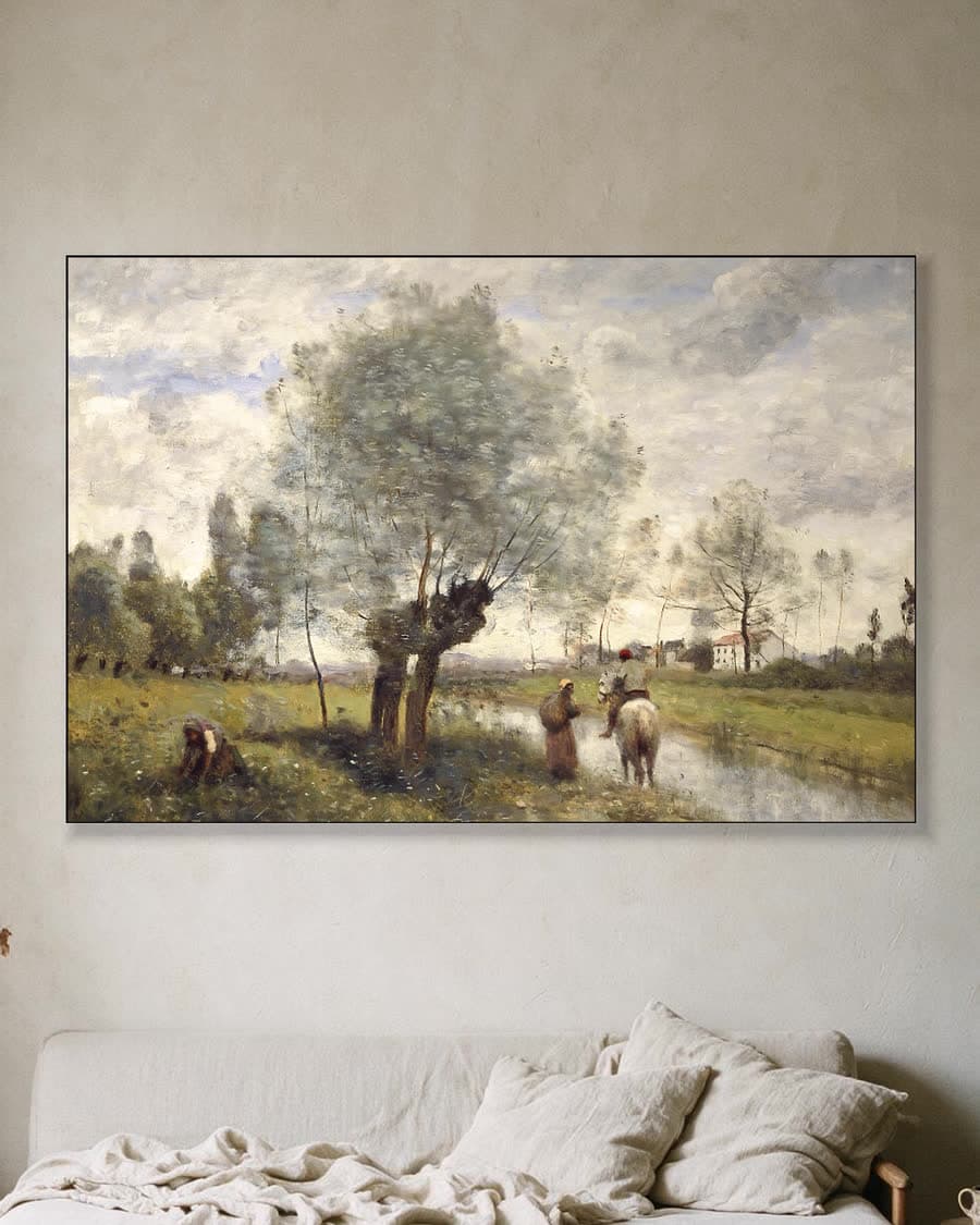 Landweg met figuren en wilgen in een aluminium frame aan dezelfde muur