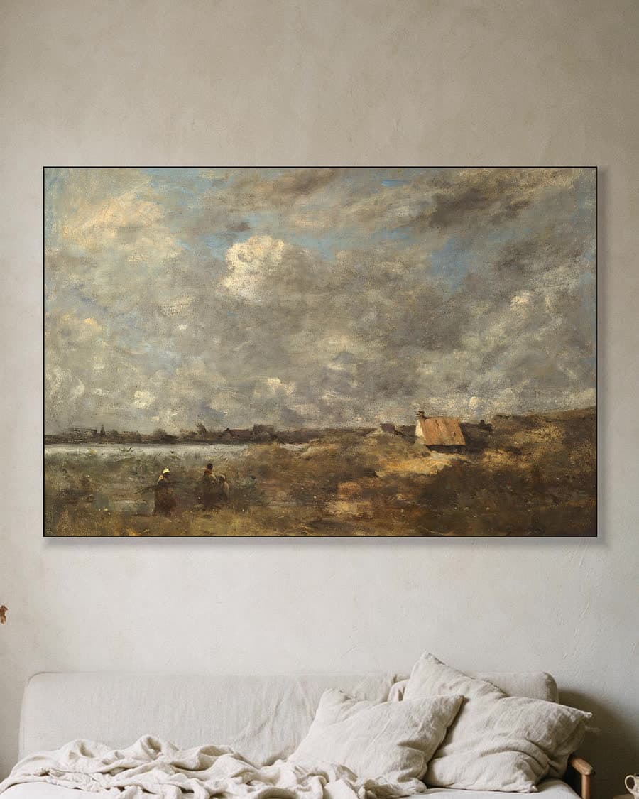 Bewolkte luchten boven het landschap in een aluminium frame aan dezelfde muur