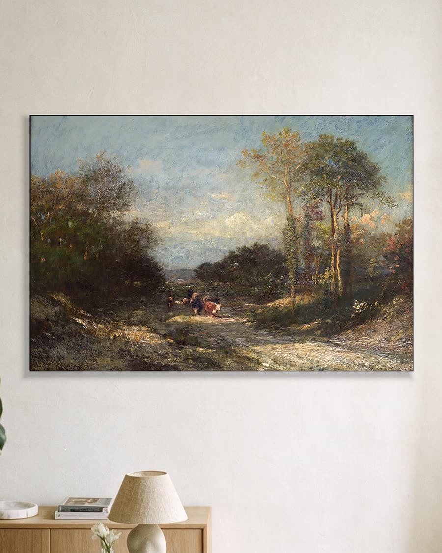 Landweg met vee in een aluminium frame aan dezelfde muur