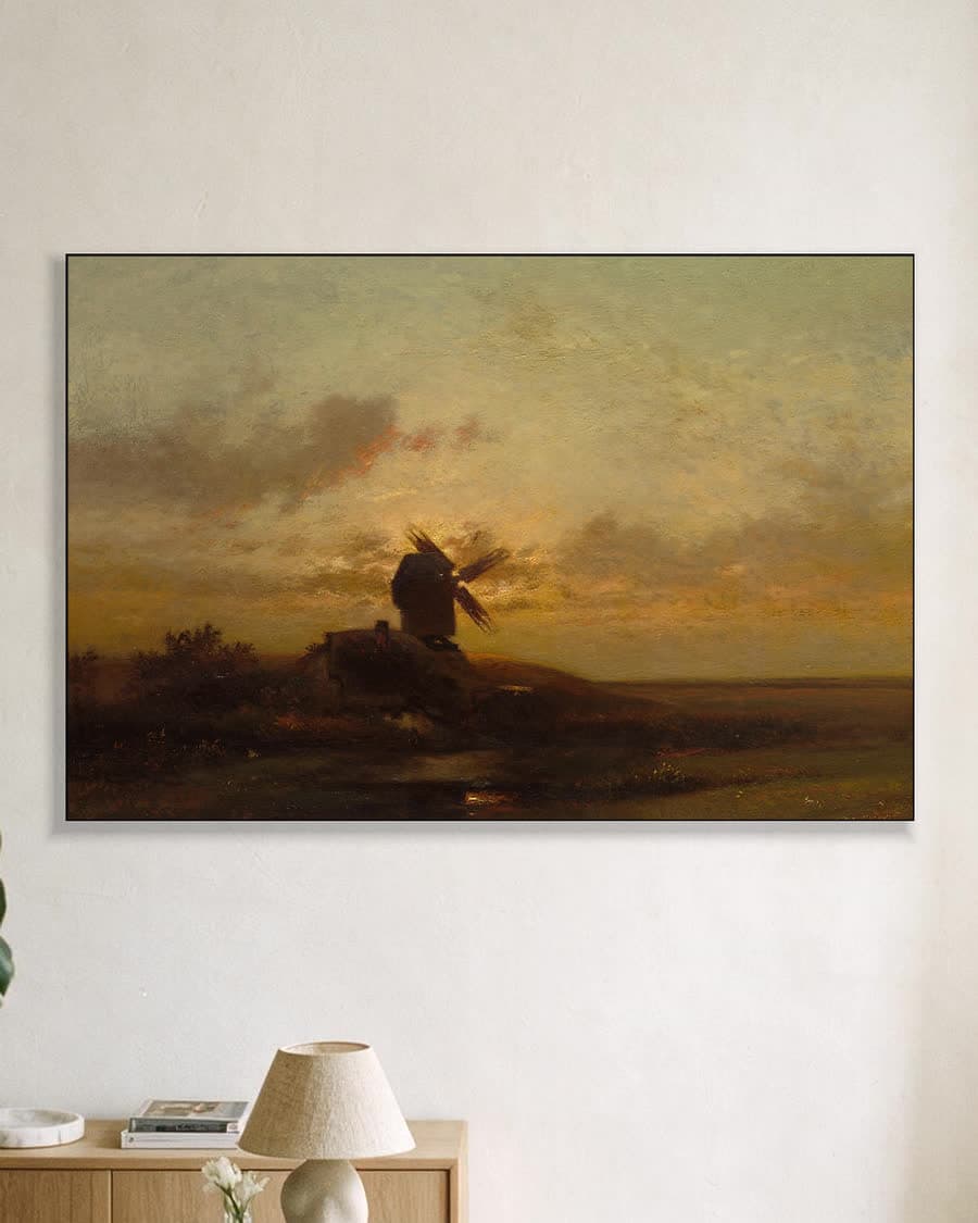 Molen in avondlicht in een aluminium frame aan dezelfde muur
