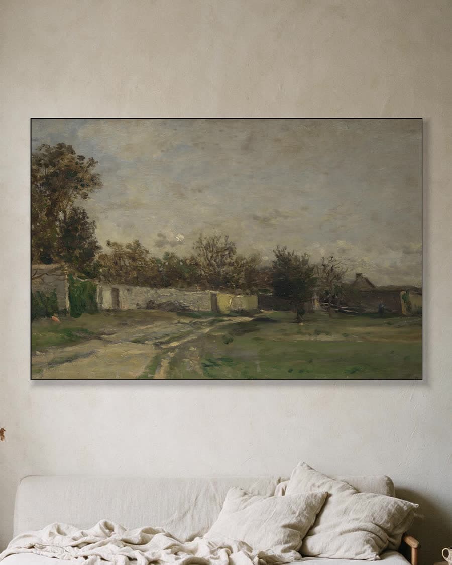 Landweg onder bewolkte hemel in een aluminium frame aan dezelfde muur