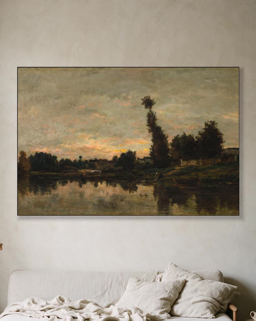 Avond aan de rivier in een aluminium frame aan dezelfde muur