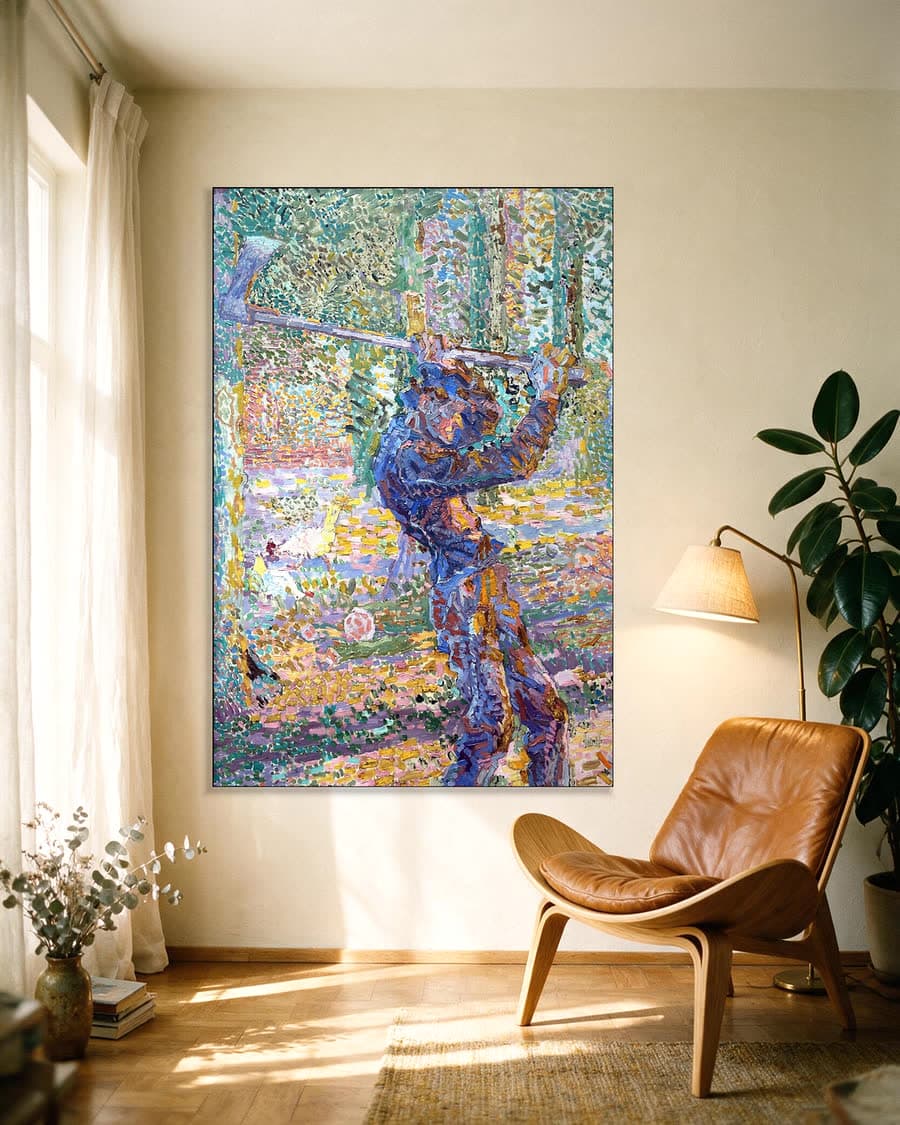 De houthakker in een aluminium frame aan dezelfde muur