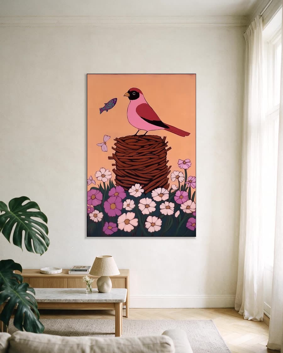 Nest boven de kosmea in een aluminium frame aan dezelfde muur