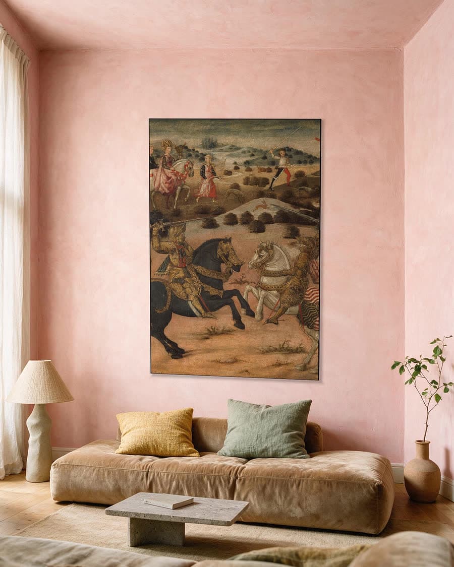 Legende van een ridder, koppaneel van een cassone in een aluminium frame aan dezelfde muur