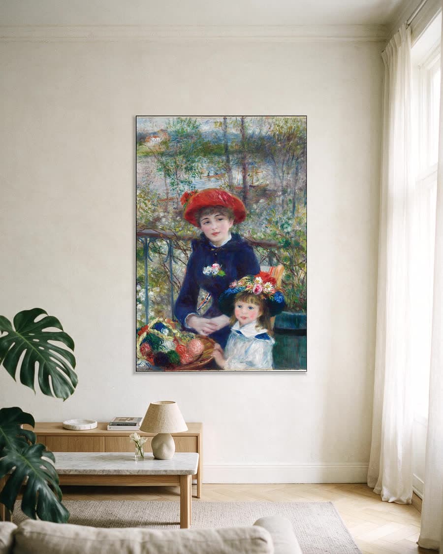Twee zusjes (Op het terras) in een aluminium frame aan dezelfde muur