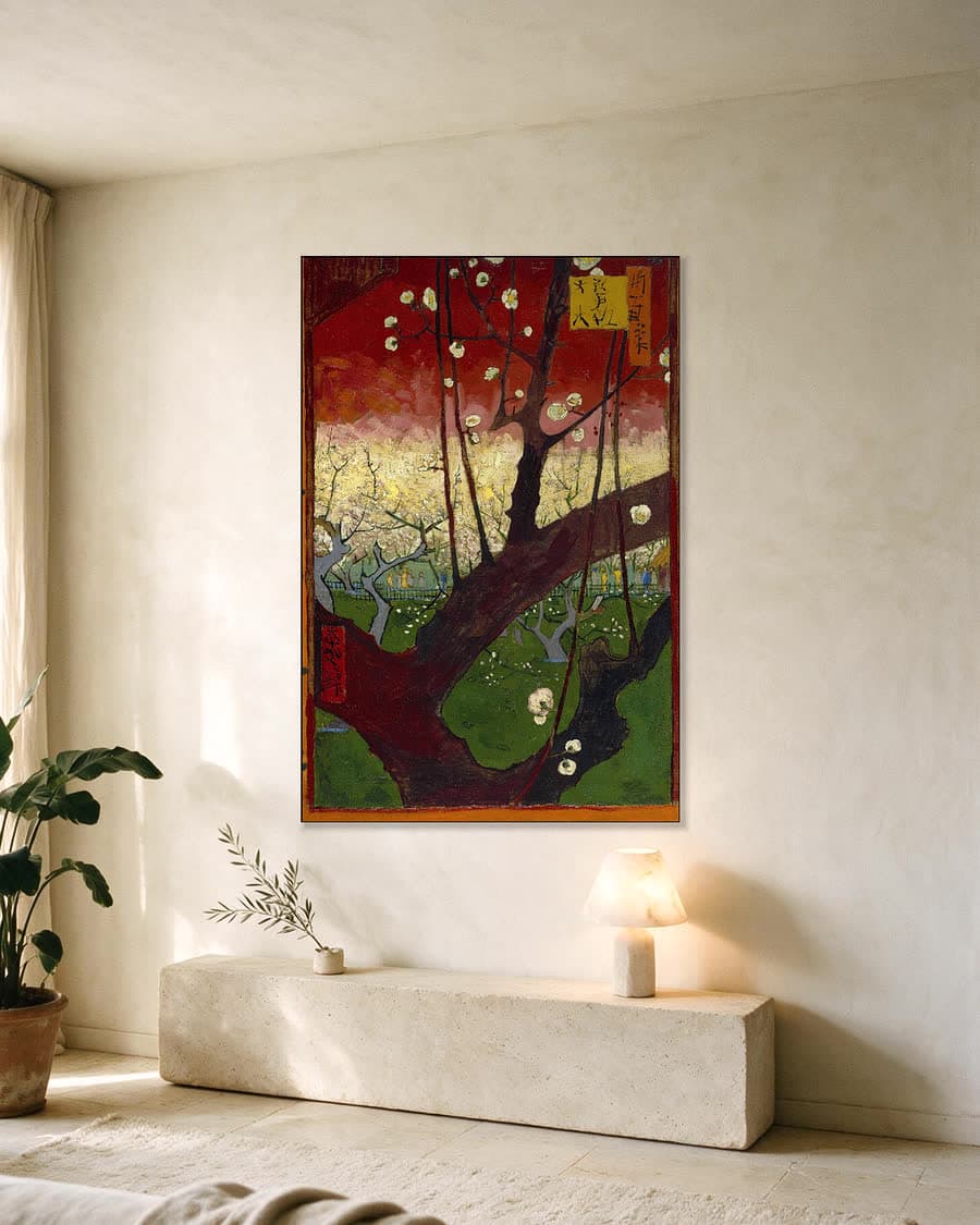 Bloeiende pruimenboomgaard naar Hiroshige in een aluminium frame aan dezelfde muur
