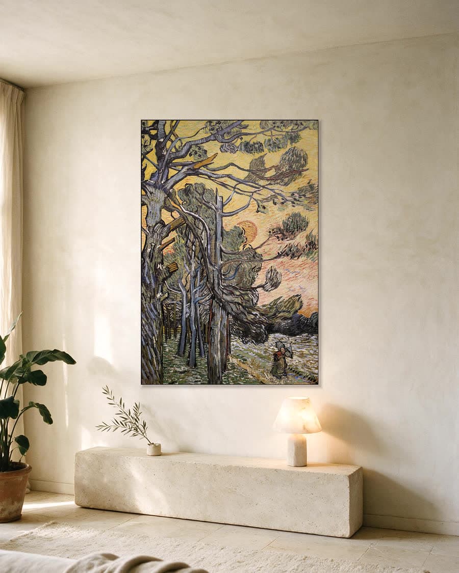 Dennenbomen bij zonsondergang in een aluminium frame aan dezelfde muur