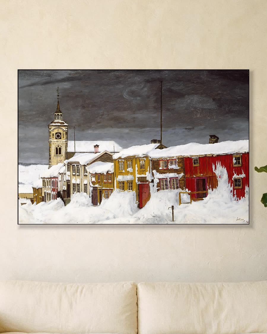 Kleurrijk winterdorp in een aluminium frame aan dezelfde muur