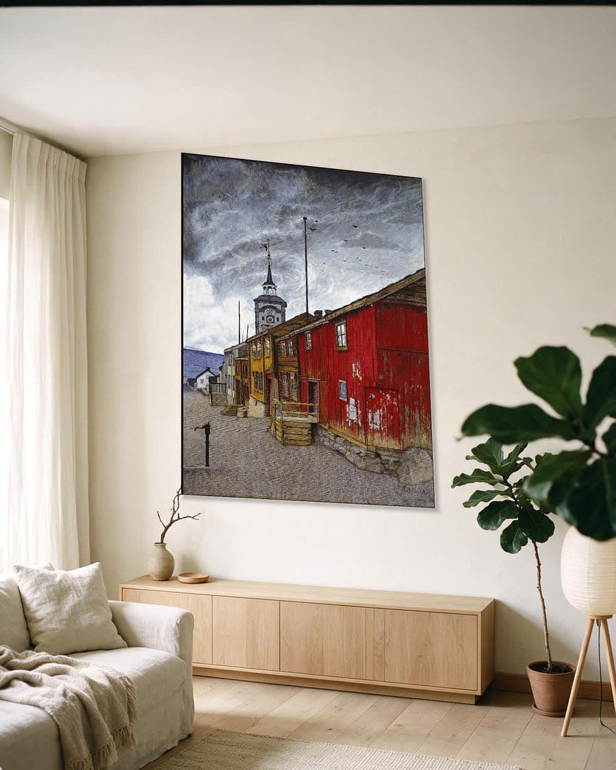 Levendige Straat in Røros in een aluminium frame aan dezelfde muur